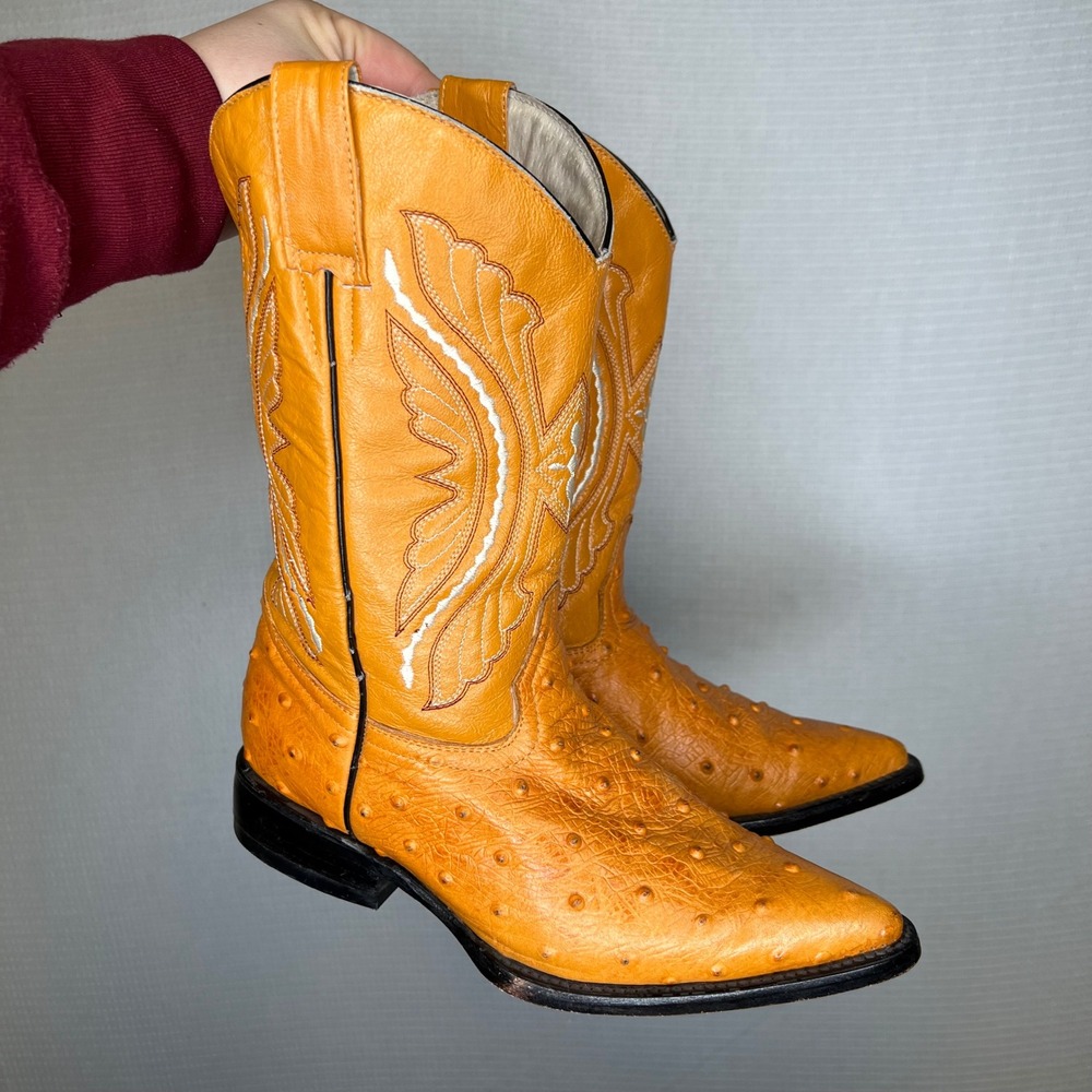 Ber-Pal Orange Ostrich Leather Western Cowboy Boot Womens 6.5 Pointed Toe Mexico